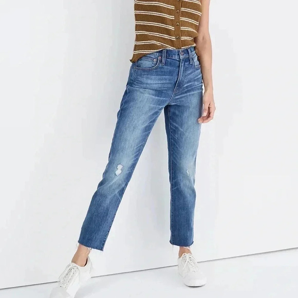 Madewell High Rise Slim Boyjean Raw Edge Hem Medium Blue Wash Distressed - Picture 1 of 13